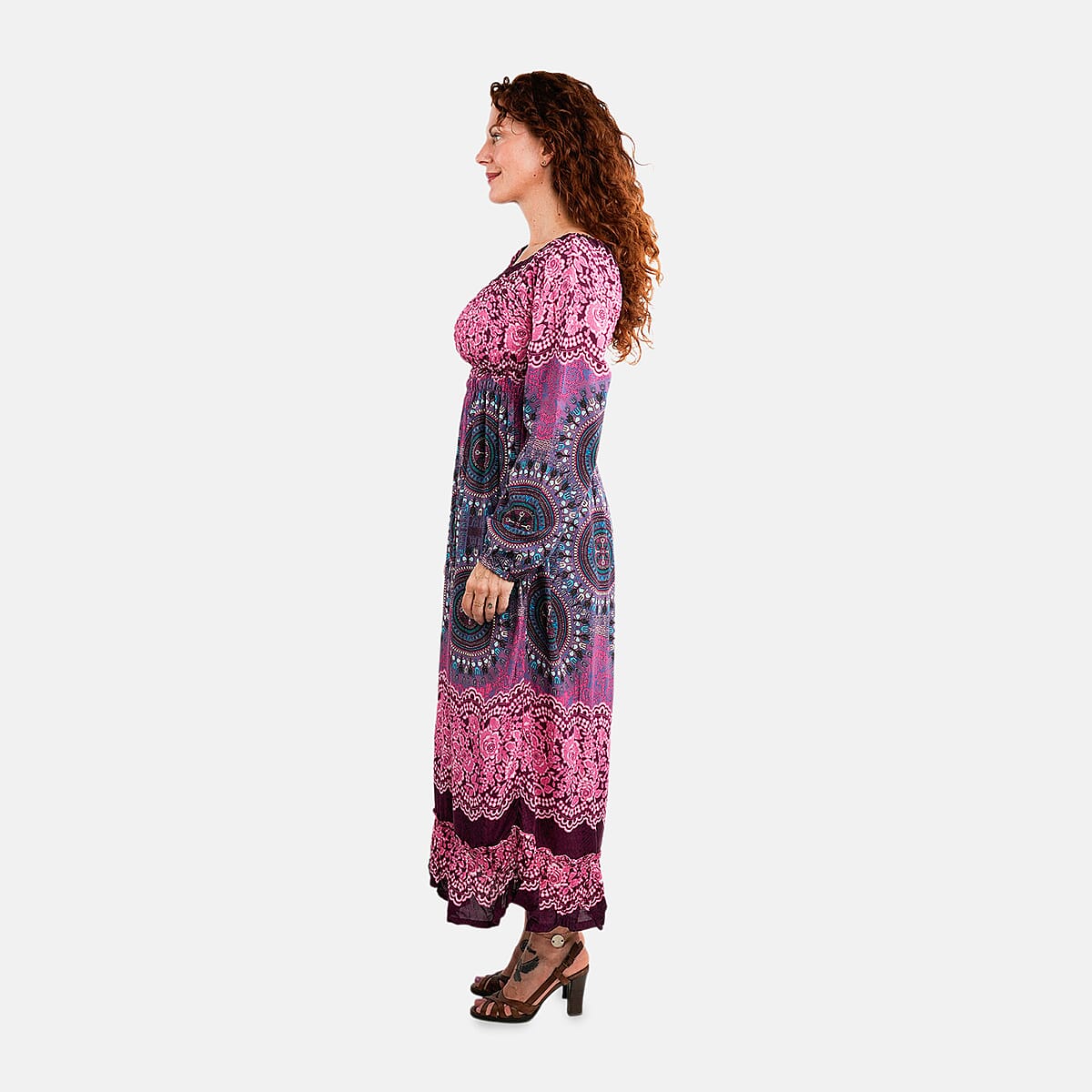 Pink Mandala Long Sleeve Smocked Maxi Dress - One Size Fits Most image number 2