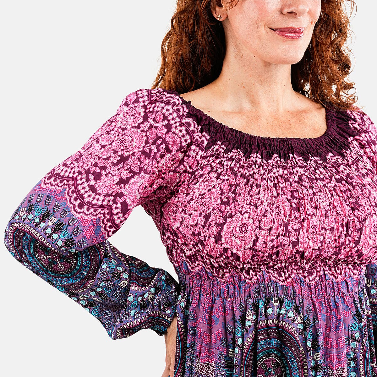 Pink Mandala Long Sleeve Smocked Maxi Dress - One Size Fits Most image number 3