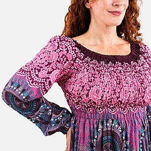 Pink Mandala Long Sleeve Smocked Maxi Dress - One Size Fits Most