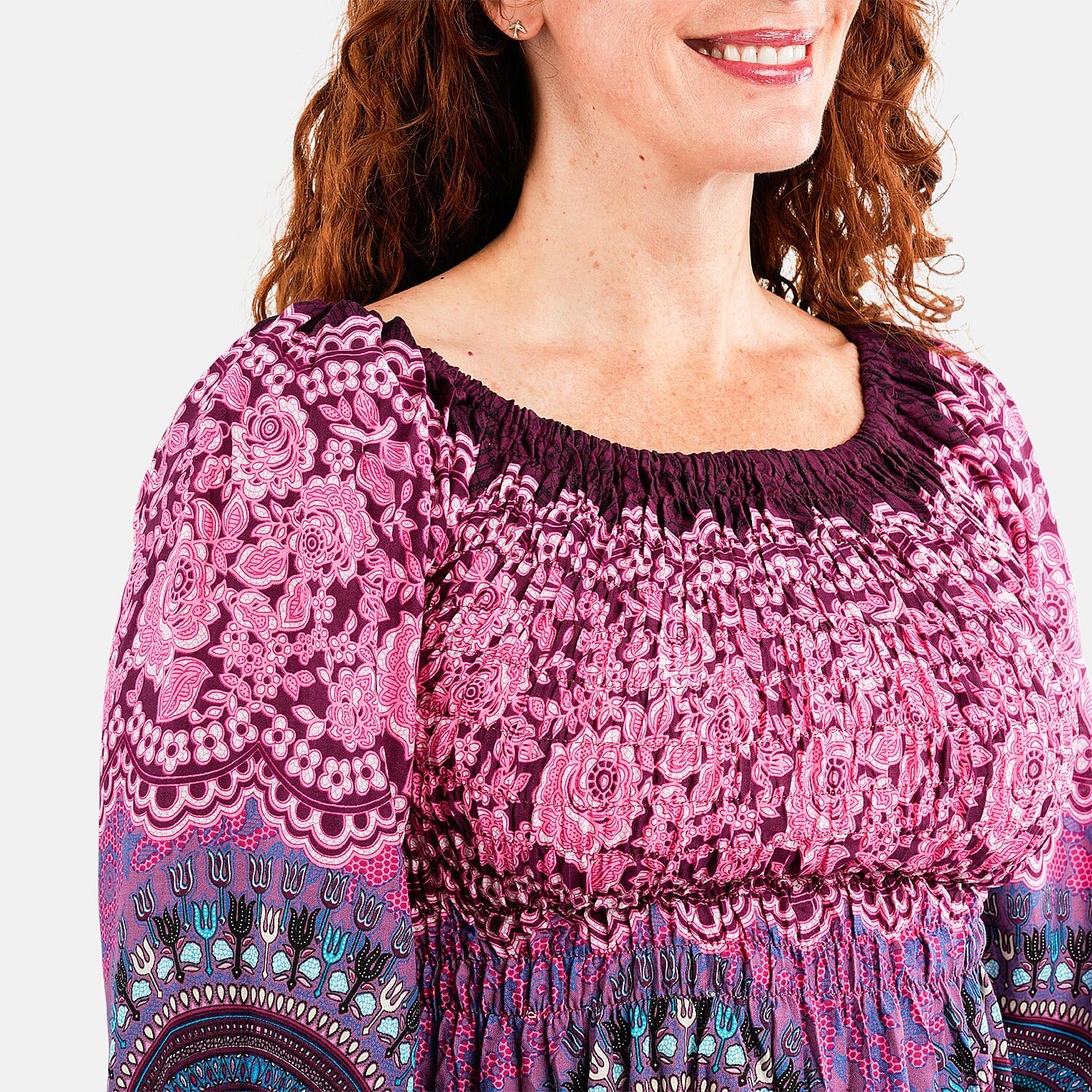 Blue Peacock Long Sleeve Smocked Maxi Dress - One Size Fits Most