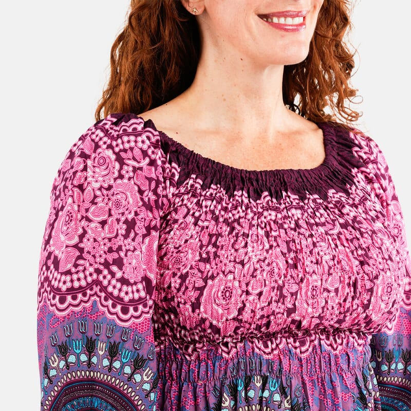 Pink Mandala Long Sleeve Smocked Maxi Dress - One Size Fits Most