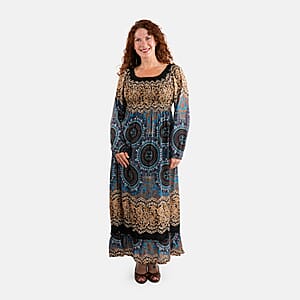 Black Mandala Long Sleeve Smocked Maxi Dress - One Size Fits Most