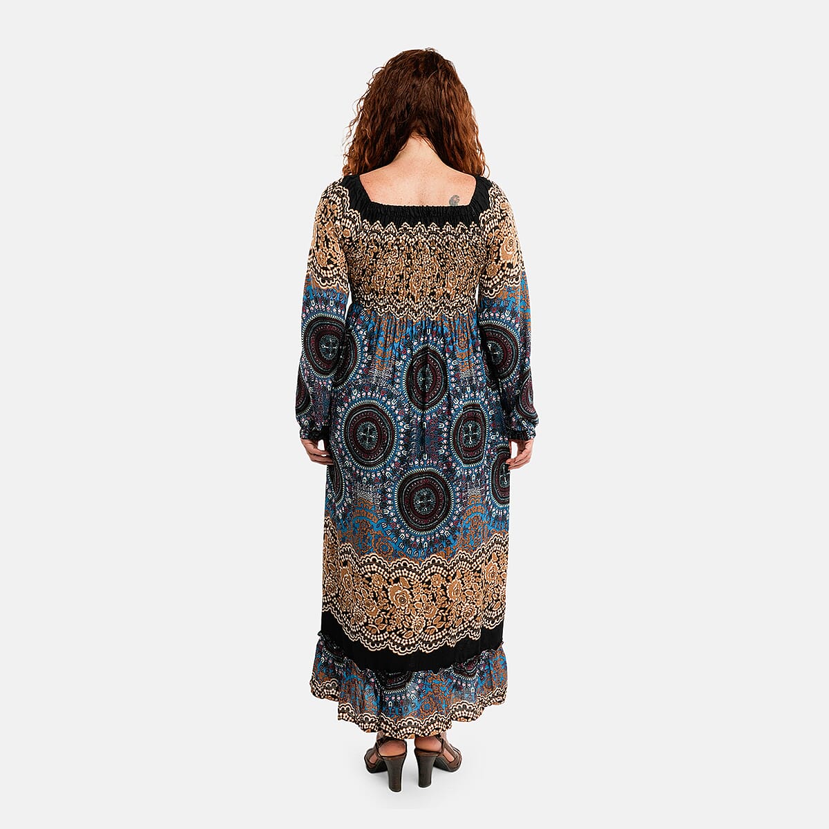 Black Mandala Long Sleeve Smocked Maxi Dress - One Size Fits Most image number 1