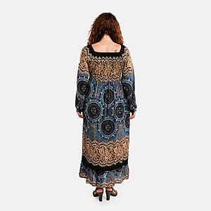 Black Mandala Long Sleeve Smocked Maxi Dress - One Size Fits Most