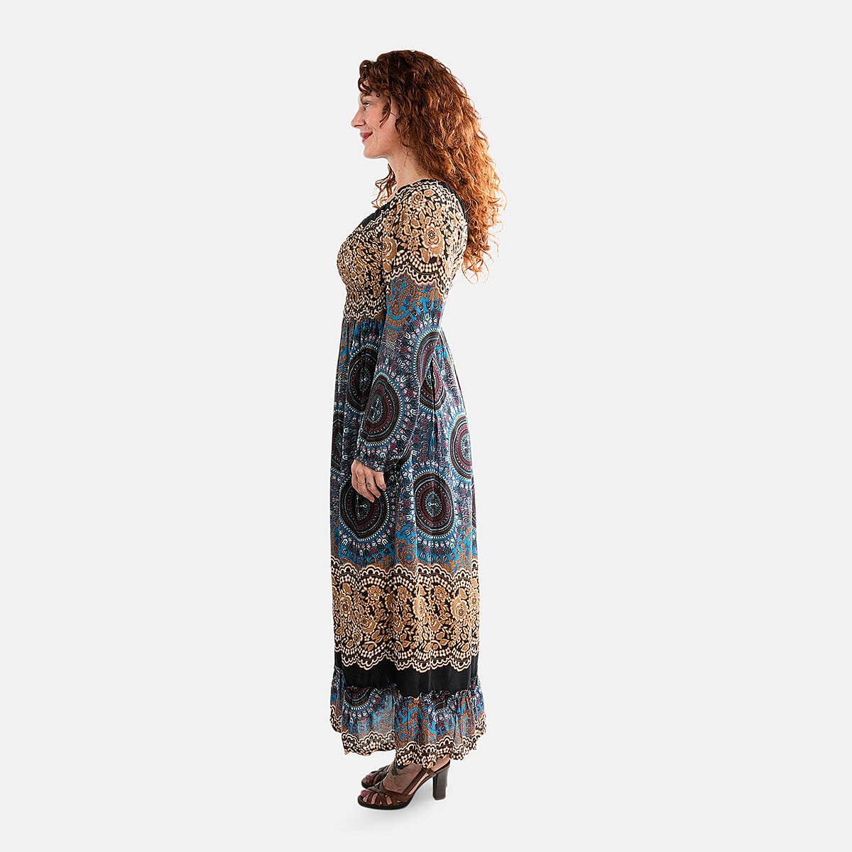 Black Mandala Long Sleeve Smocked Maxi Dress - One Size Fits Most image number 2