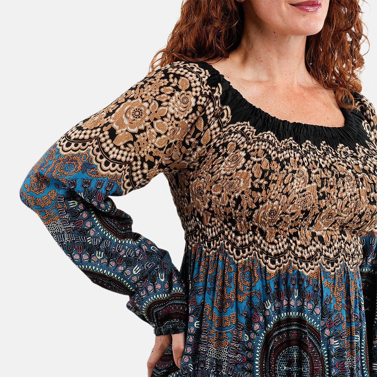 Black Mandala Long Sleeve Smocked Maxi Dress - One Size Fits Most image number 3