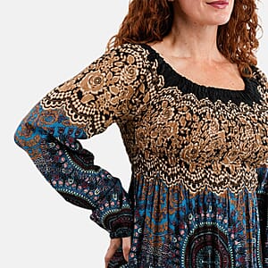 Black Mandala Long Sleeve Smocked Maxi Dress - One Size Fits Most