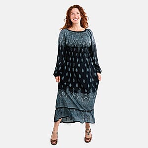 Blue Bandana Long Sleeve Smocked Maxi Dress - One Size Fits Most