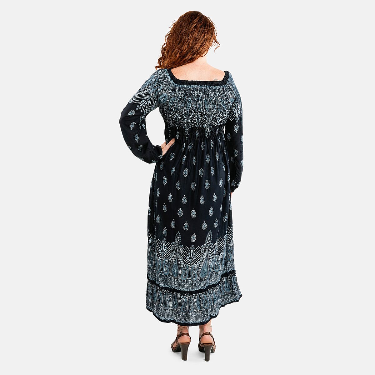 Blue Bandana Long Sleeve Smocked Maxi Dress - One Size Fits Most image number 1