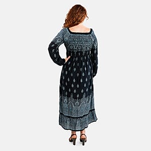 Blue Bandana Long Sleeve Smocked Maxi Dress - One Size Fits Most