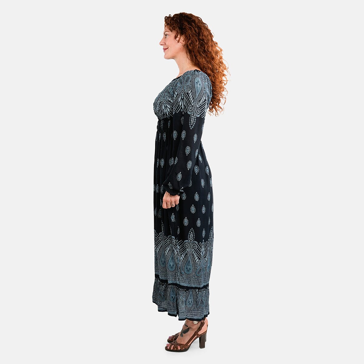 Blue Bandana Long Sleeve Smocked Maxi Dress - One Size Fits Most image number 2