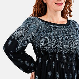 Blue Bandana Long Sleeve Smocked Maxi Dress - One Size Fits Most