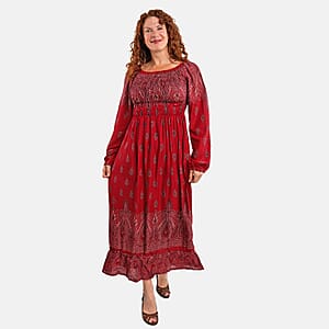 Red Bandana Long Sleeve Smocked Maxi Dress - One Size Fits Most