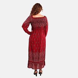 Red Bandana Long Sleeve Smocked Maxi Dress - One Size Fits Most