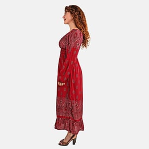 Red Bandana Long Sleeve Smocked Maxi Dress - One Size Fits Most