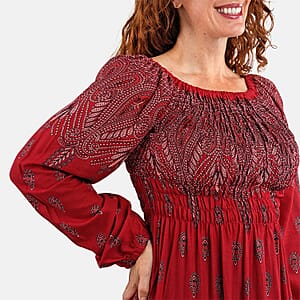 Red Bandana Long Sleeve Smocked Maxi Dress - One Size Fits Most