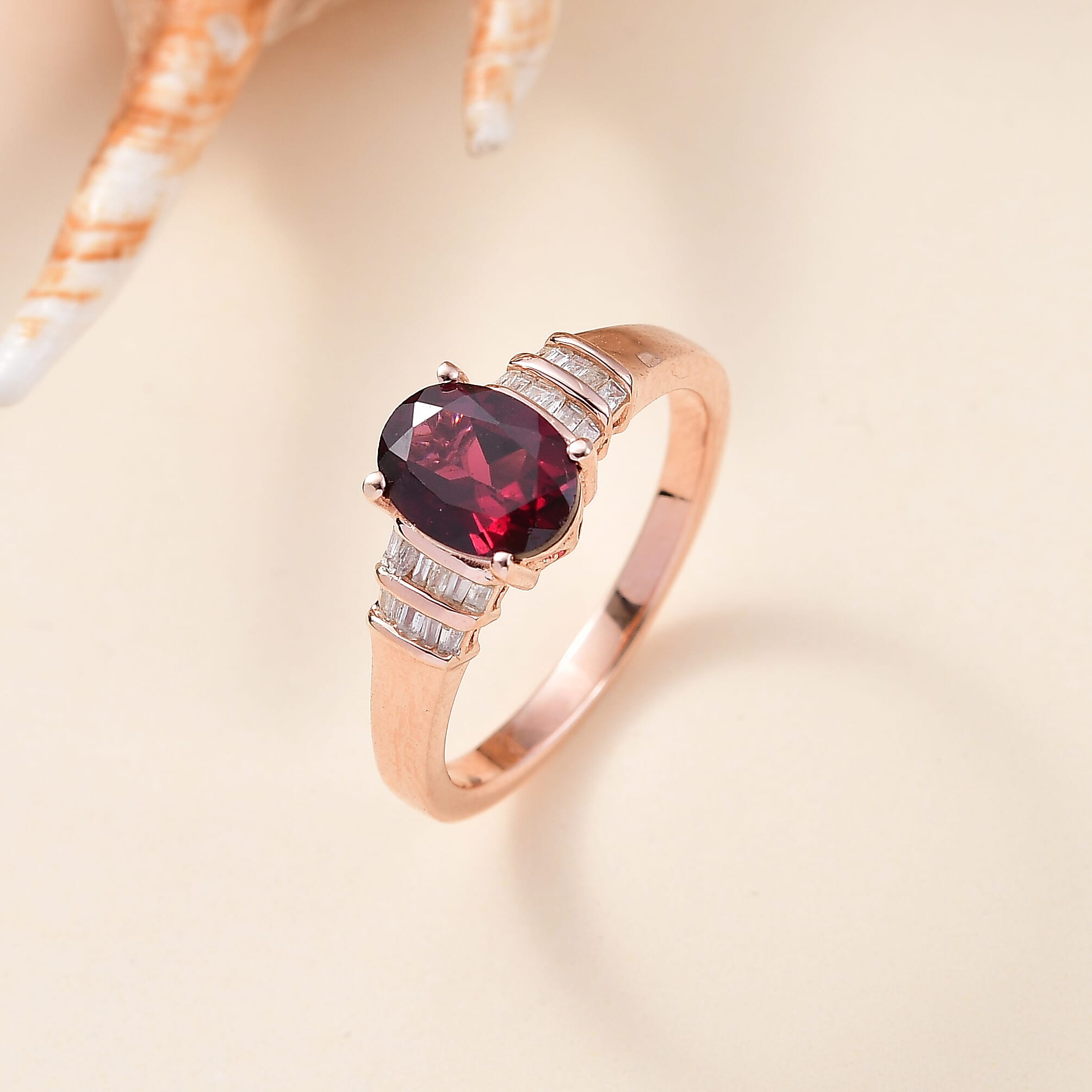 D'Joy Orissa Rhodolite Garnet and Diamond 1.60 ctw Art Deco Ring in 18K Vermeil Rose Gold Over Sterling Silver (Size 10.0)