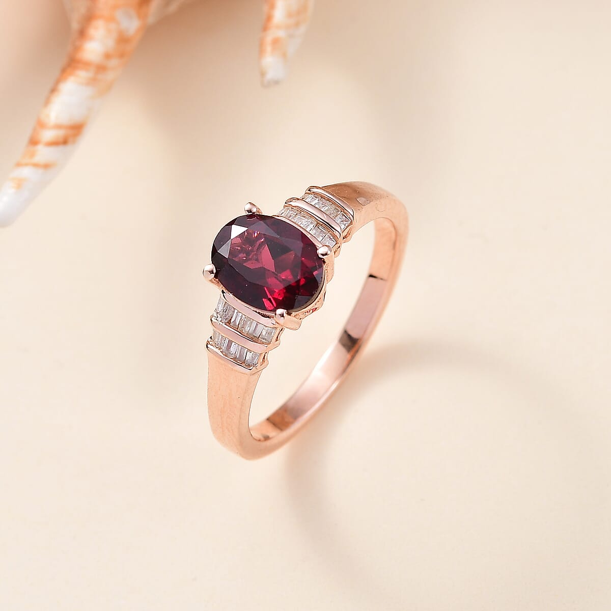 D'Joy Orissa Rhodolite Garnet and Diamond 1.60 ctw Art Deco Ring in 18K Vermeil Rose Gold Over Sterling Silver (Size 7.0) image number 1