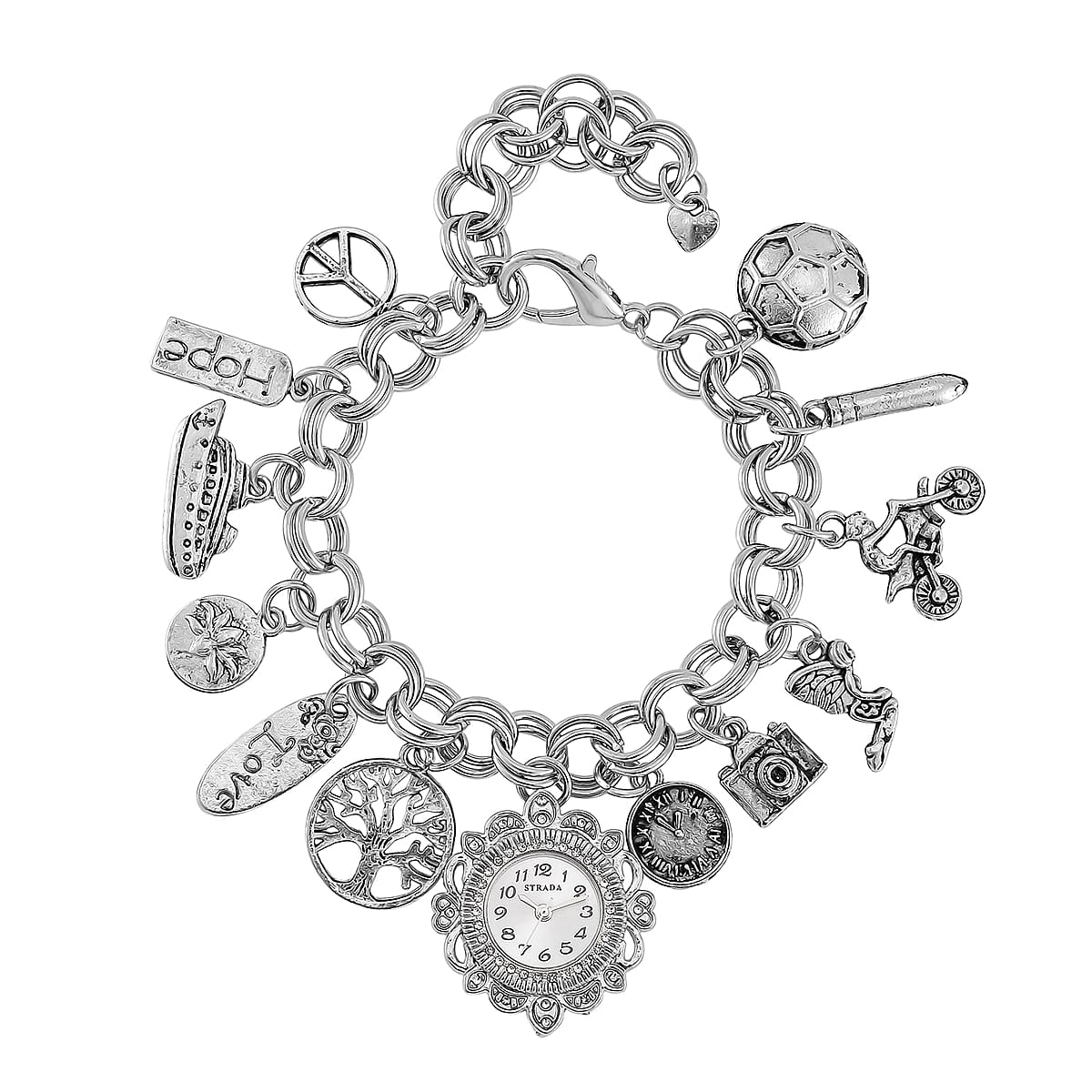 Strada Austrian Crystal Japanese Movement Bracelet Charm Watch in Silvertone (7.5-8.5In) image number 0