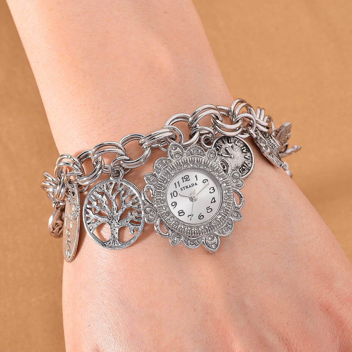 Strada Austrian Crystal Japanese Movement Bracelet Charm Watch in Silvertone (7.5-8.5In) image number 1