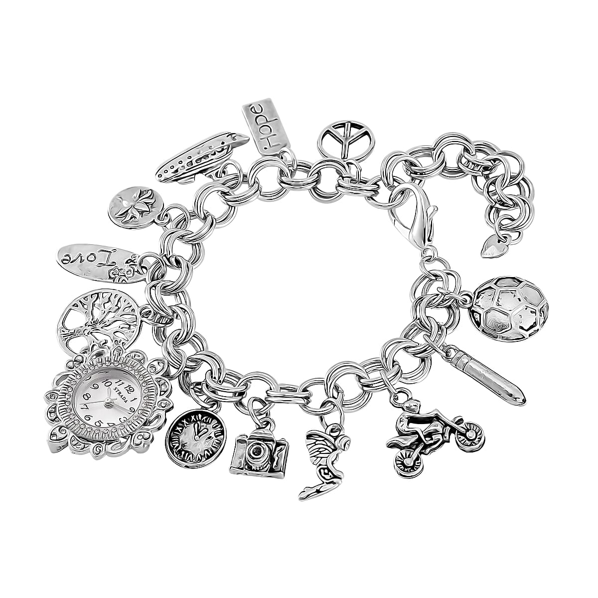 Strada Austrian Crystal Japanese Movement Bracelet Charm Watch in Silvertone (7.5-8.5In) image number 3