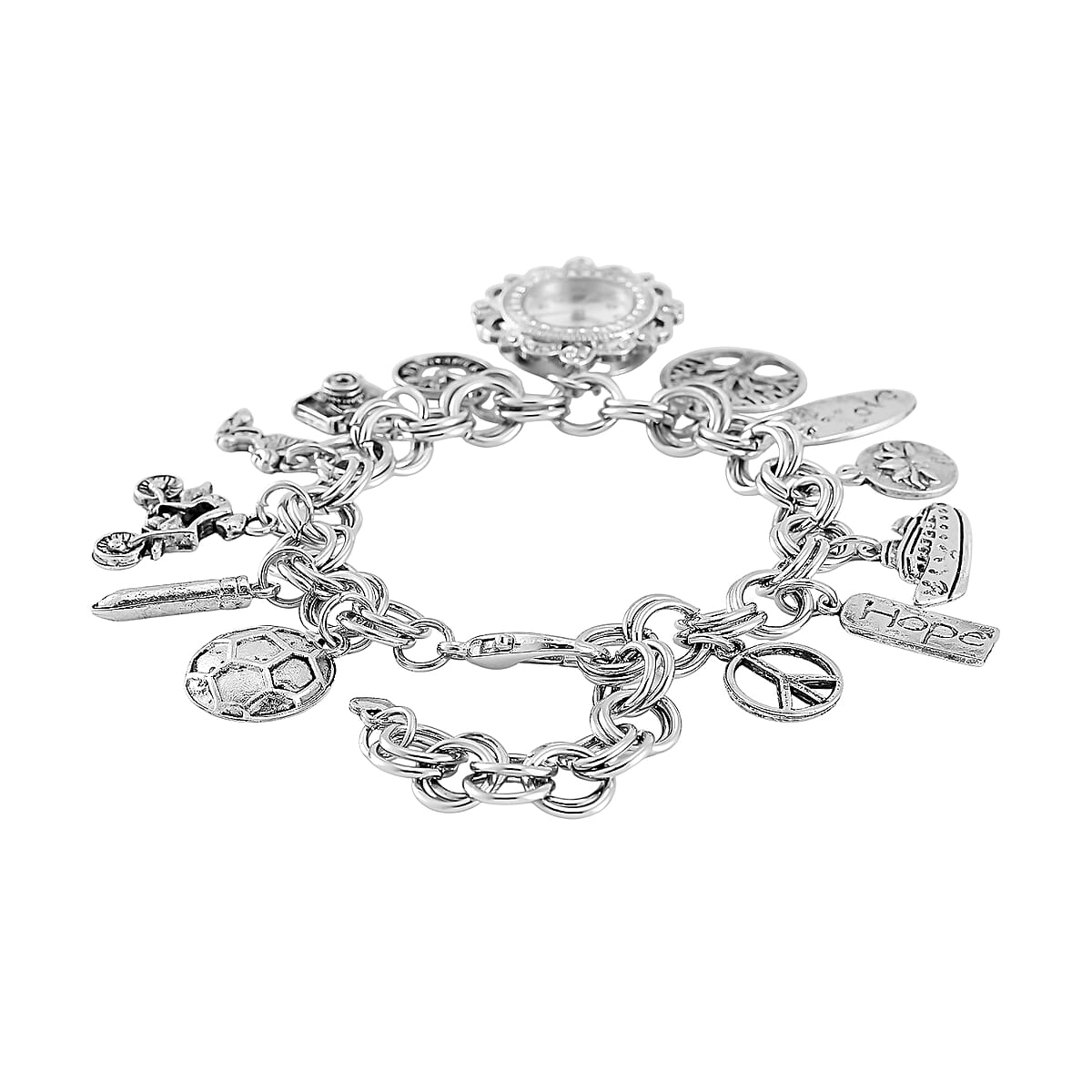 Strada Austrian Crystal Japanese Movement Bracelet Charm Watch in Silvertone (7.5-8.5In) image number 4