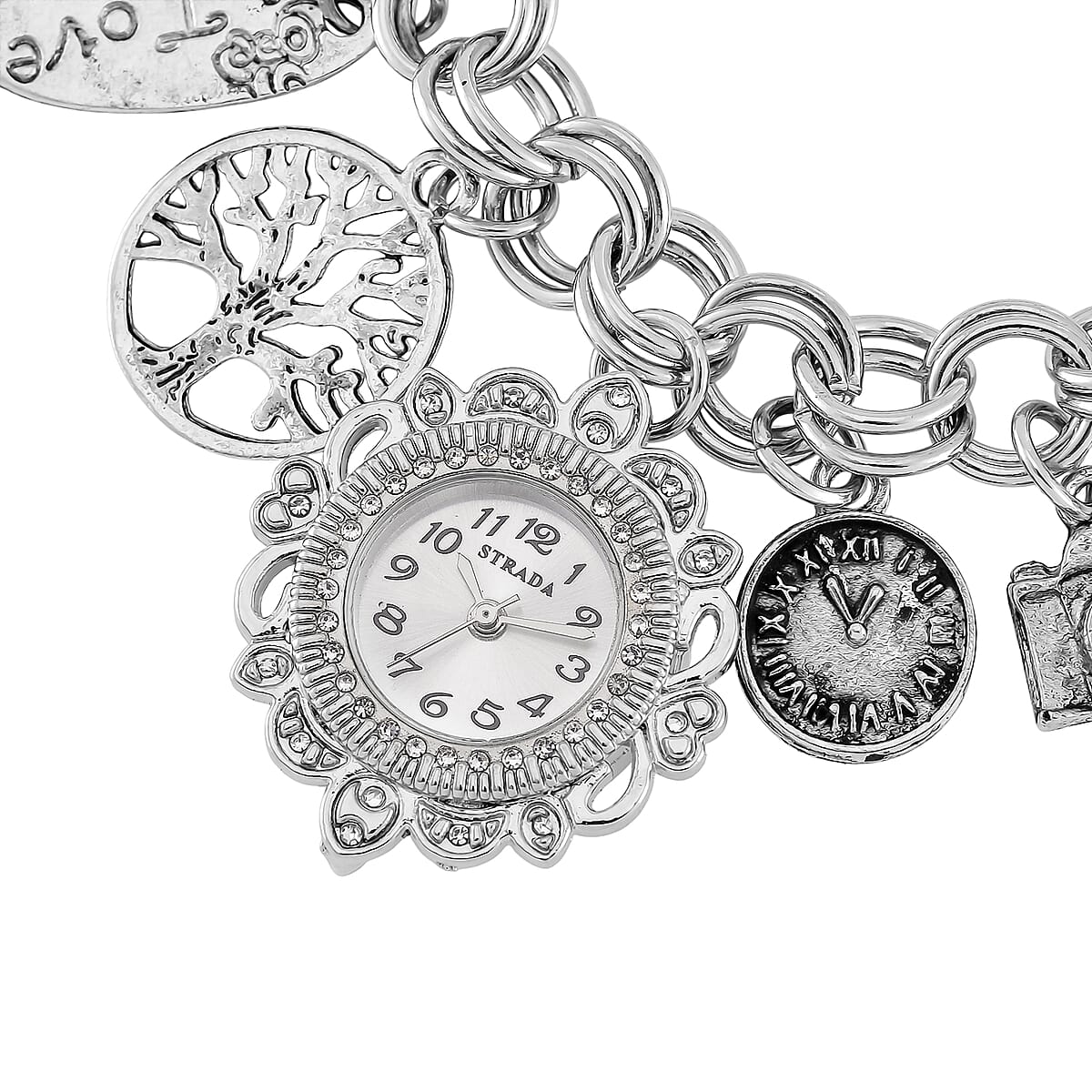 Strada Austrian Crystal Japanese Movement Bracelet Charm Watch in Silvertone (7.5-8.5In) image number 5