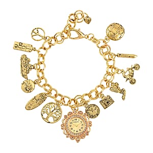 Strada Austrian Crystal Japanese Movement Bracelet Charm Watch in Goldtone (7.5-8.5In)