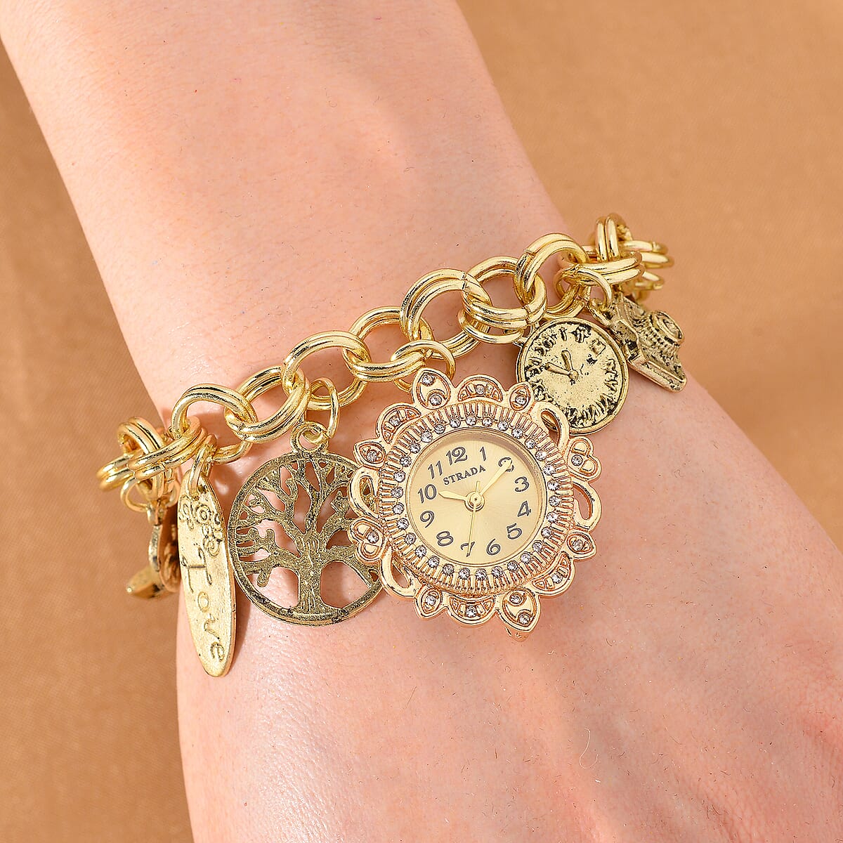 Strada Austrian Crystal Japanese Movement Bracelet Charm Watch in Goldtone (7.5-8.5In) image number 1