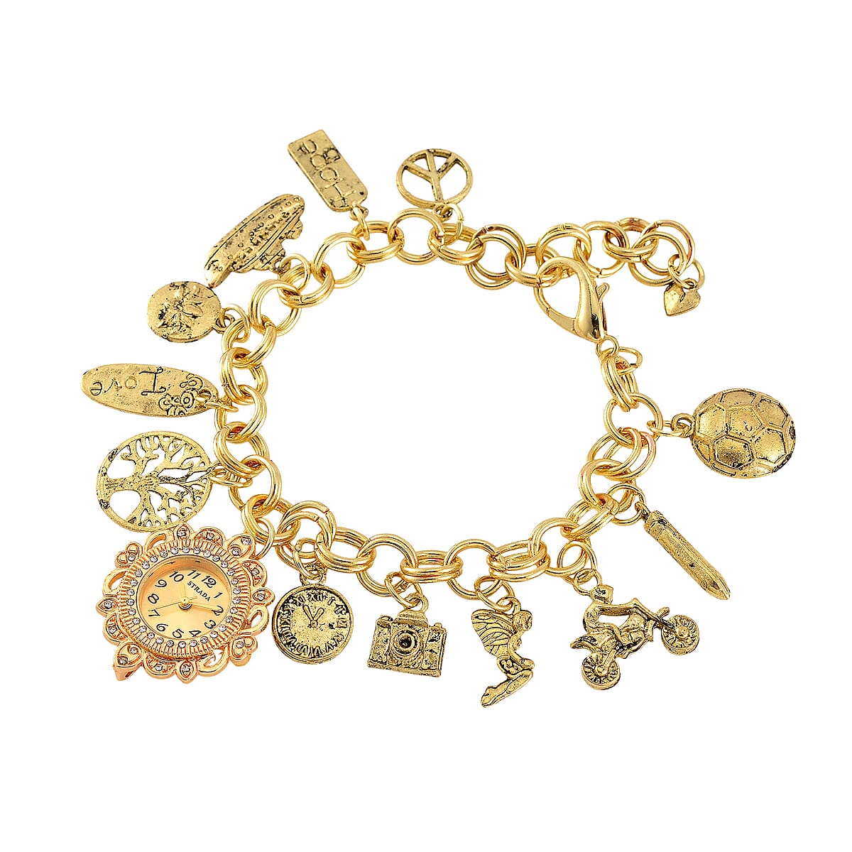 Strada Austrian Crystal Japanese Movement Bracelet Charm Watch in Goldtone (7.5-8.5In) image number 3