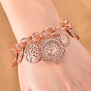 Strada Austrian Crystal Japanese Movement Bracelet Charm Watch in Rosetone (7.5-8.5In)
