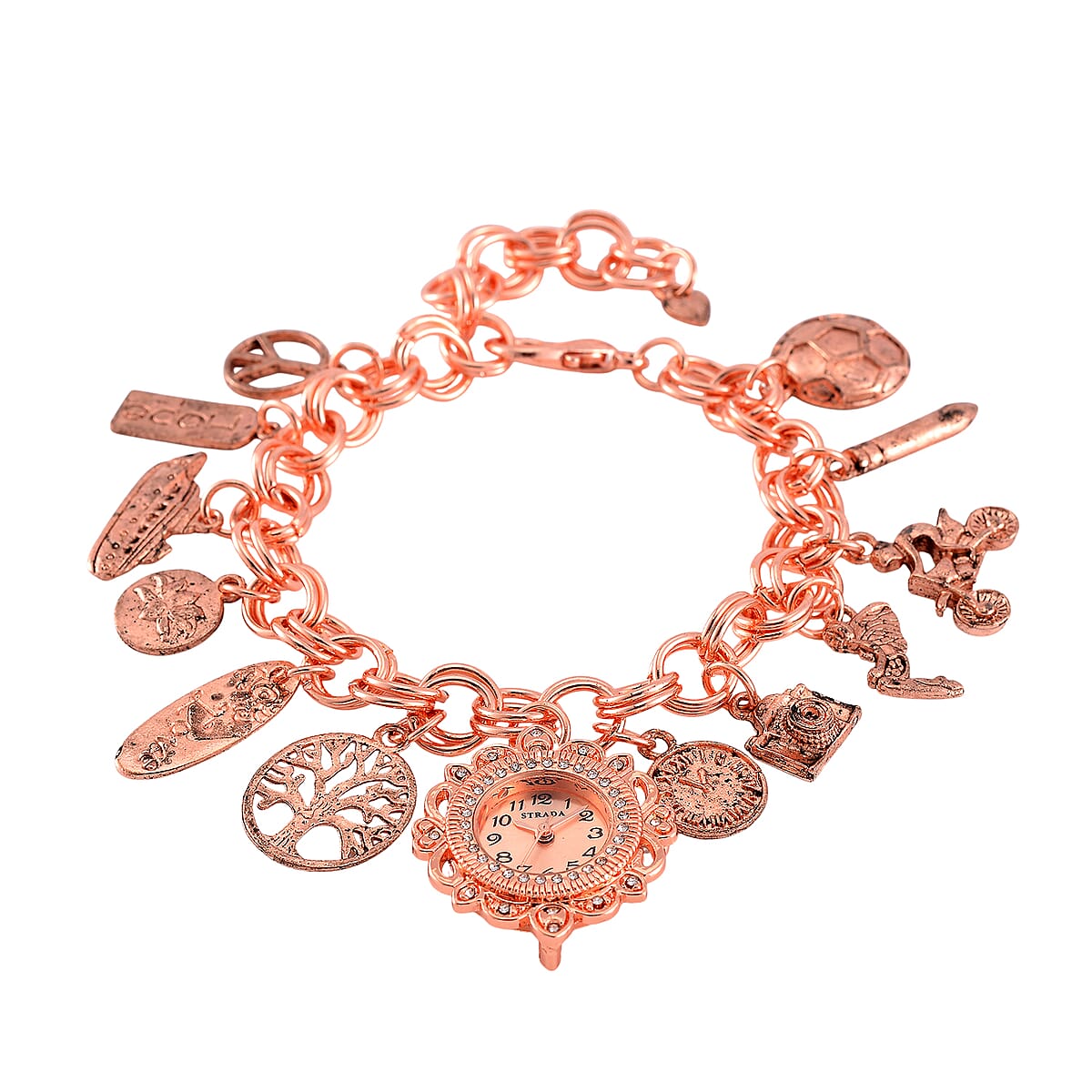 Strada Austrian Crystal Japanese Movement Bracelet Charm Watch in Rosetone (7.5-8.5In) image number 2