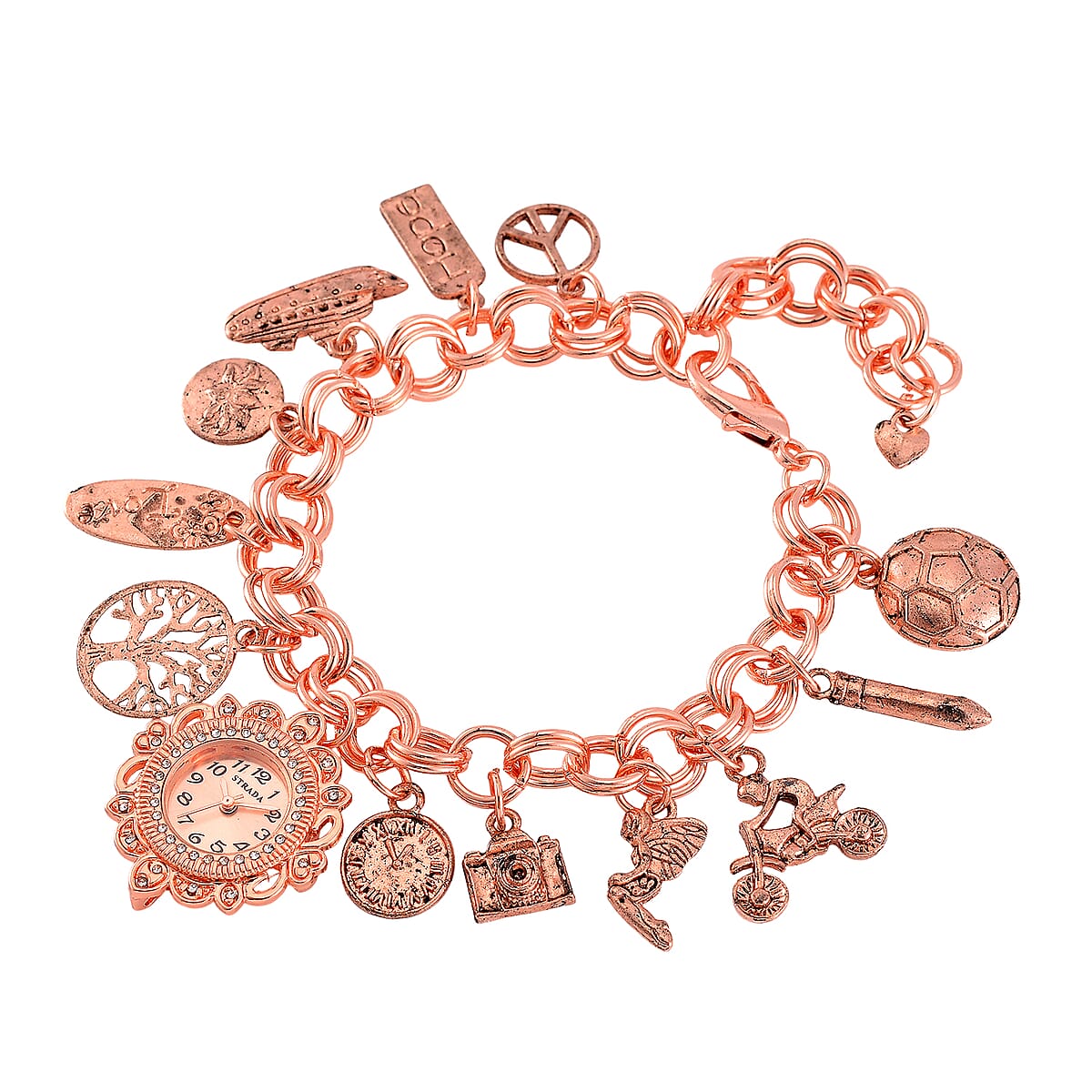 Strada Austrian Crystal Japanese Movement Bracelet Charm Watch in Rosetone (7.5-8.5In) image number 3