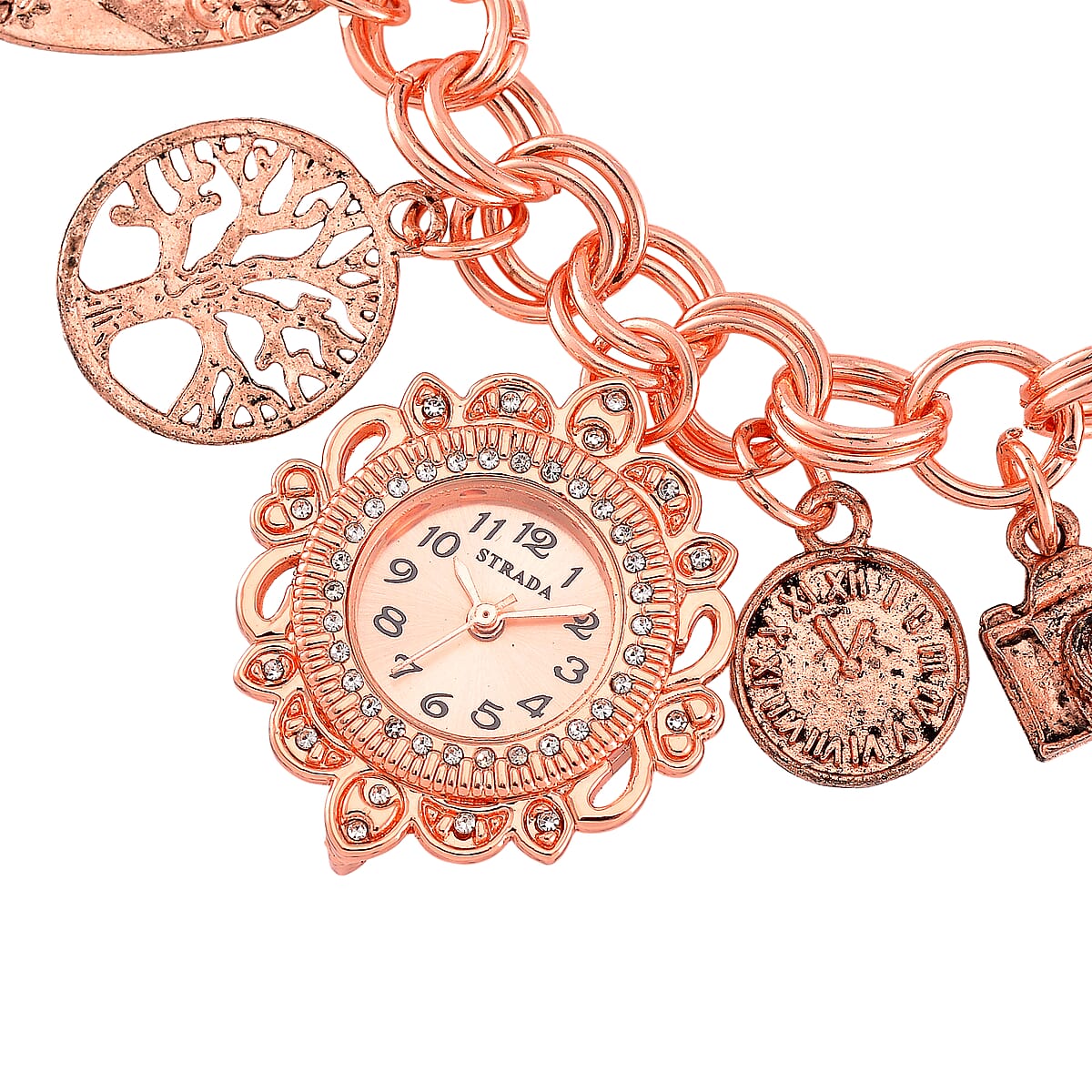 Strada Austrian Crystal Japanese Movement Bracelet Charm Watch in Rosetone (7.5-8.5In) image number 5