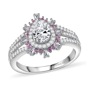 D'Joy Moissanite and Madagascar Pink Sapphire 1.90 ctw Sunburst Ring in Rhodium Over Sterling Silver (Size 10.0)