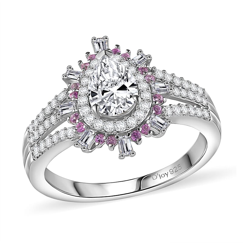 D'Joy Moissanite and Madagascar Pink Sapphire 1.90 ctw Sunburst Ring in Rhodium Over Sterling Silver (Size 6.0)