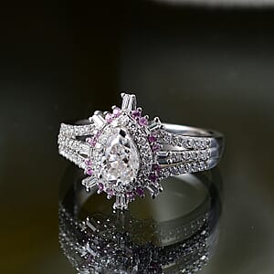 D'Joy Moissanite and Madagascar Pink Sapphire 1.90 ctw Sunburst Ring in Rhodium Over Sterling Silver (Size 6.0)