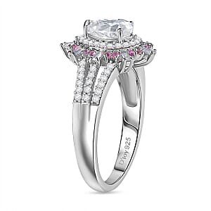 D'Joy Moissanite and Madagascar Pink Sapphire 1.90 ctw Sunburst Ring in Rhodium Over Sterling Silver (Size 6.0)