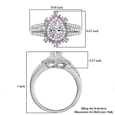 D'Joy Moissanite and Madagascar Pink Sapphire 1.90 ctw Sunburst Ring in Rhodium Over Sterling Silver (Size 6.0)