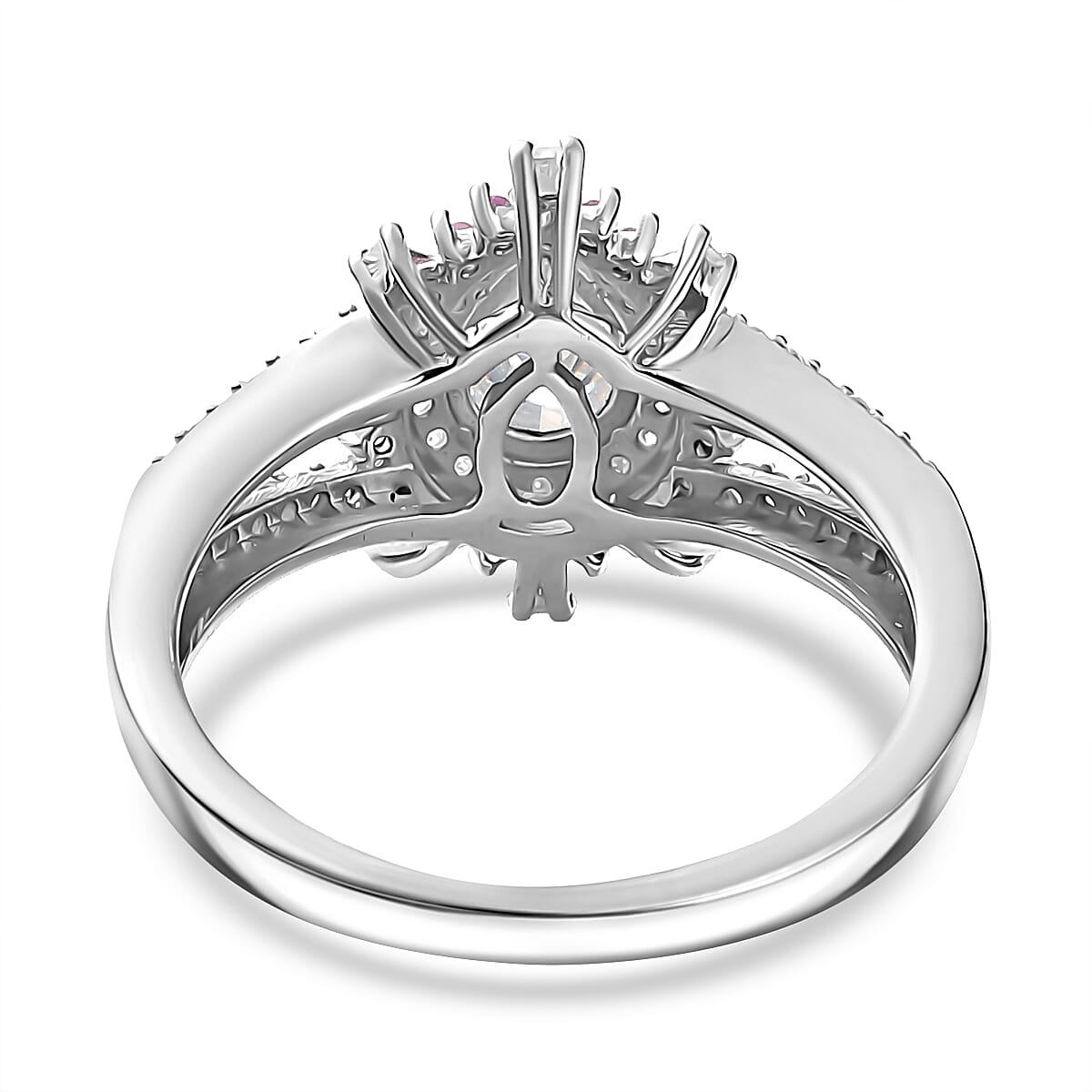 D'Joy Moissanite and Madagascar Pink Sapphire 1.90 ctw Sunburst Ring in Rhodium Over Sterling Silver (Size 7.0)