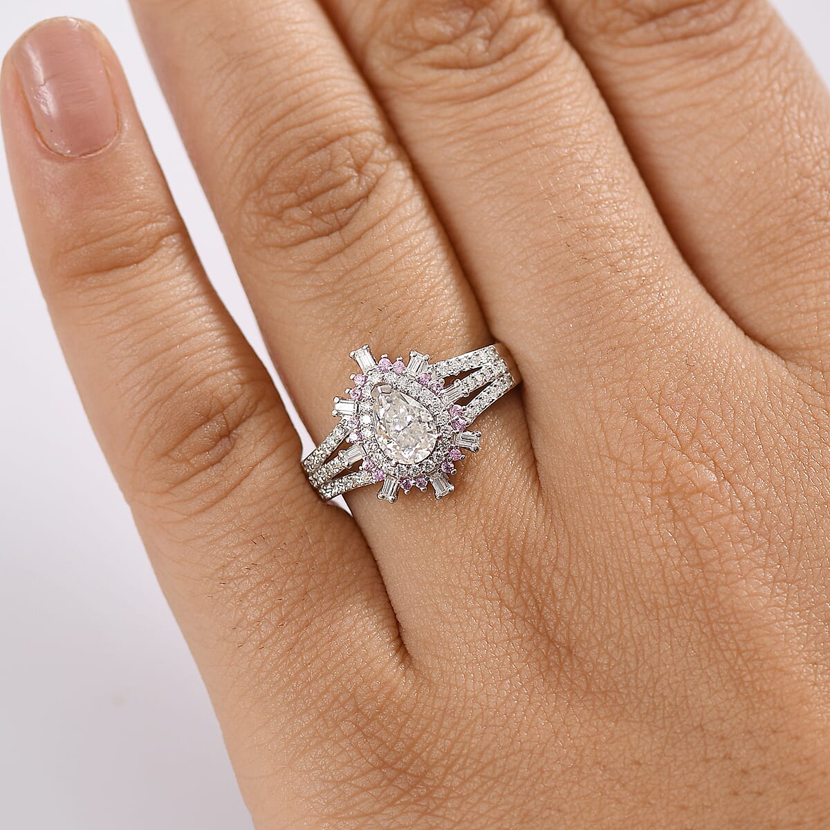 D'Joy Moissanite and Madagascar Pink Sapphire 1.90 ctw Sunburst Ring in Rhodium Over Sterling Silver (Size 8.0) image number 2