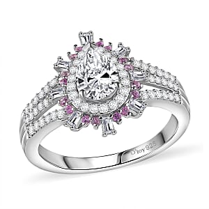 D'Joy Moissanite and Madagascar Pink Sapphire 1.90 ctw Sunburst Ring in Rhodium Over Sterling Silver (Size 9.0)