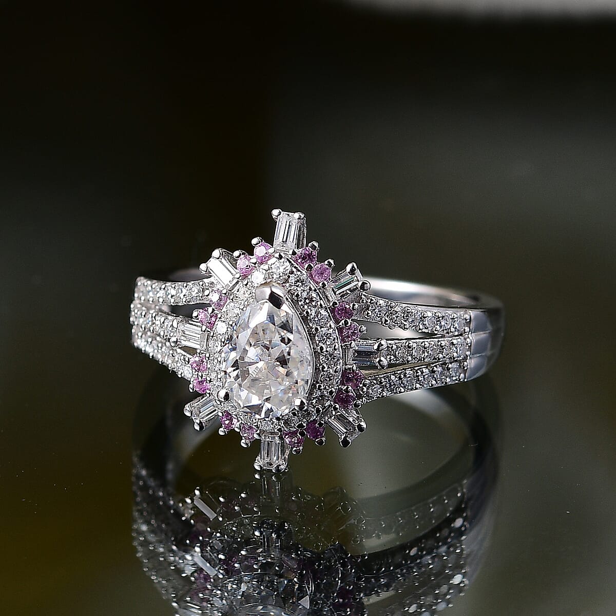 D'Joy Moissanite and Madagascar Pink Sapphire 1.90 ctw Sunburst Ring in Rhodium Over Sterling Silver (Size 9.0) image number 1