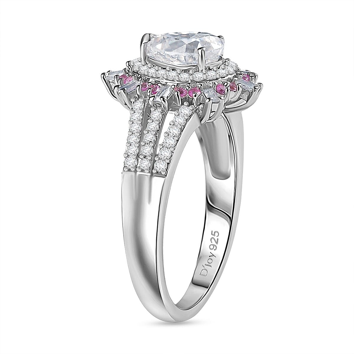 D'Joy Moissanite and Madagascar Pink Sapphire 1.90 ctw Sunburst Ring in Rhodium Over Sterling Silver (Size 9.0) image number 3