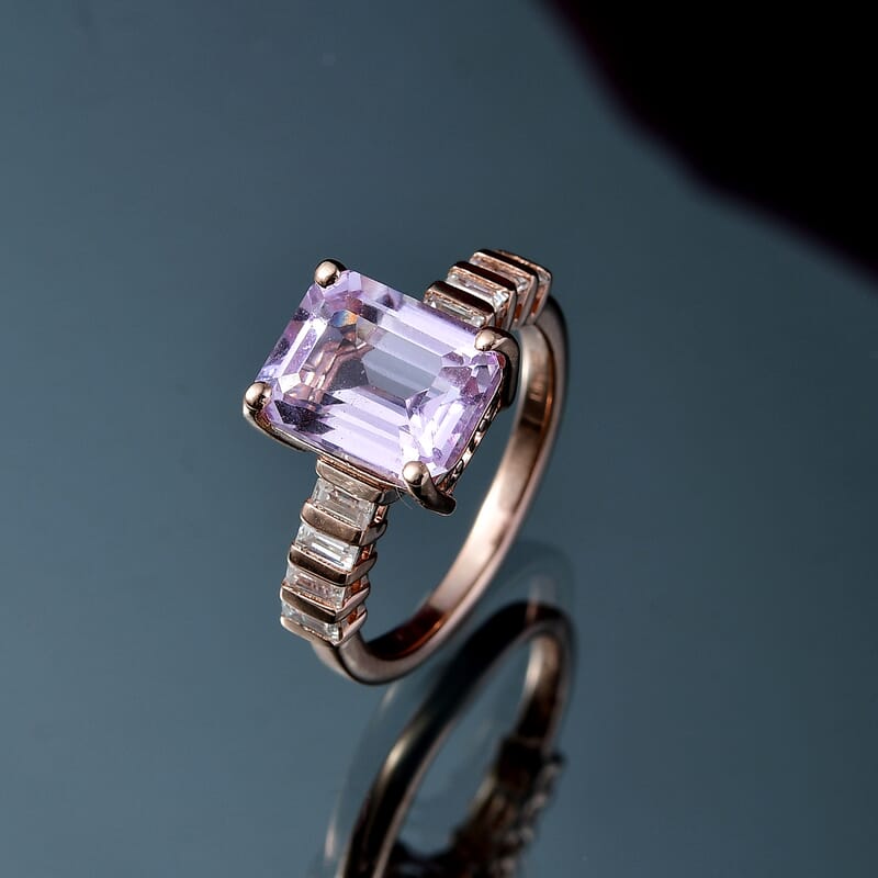 D'Joy Premium Martha Rocha Kunzite and Moissanite 4.60 ctw Twilight Sonata Ring in 18K Vermeil Rose Gold Over Sterling Silver (Size 9.0)