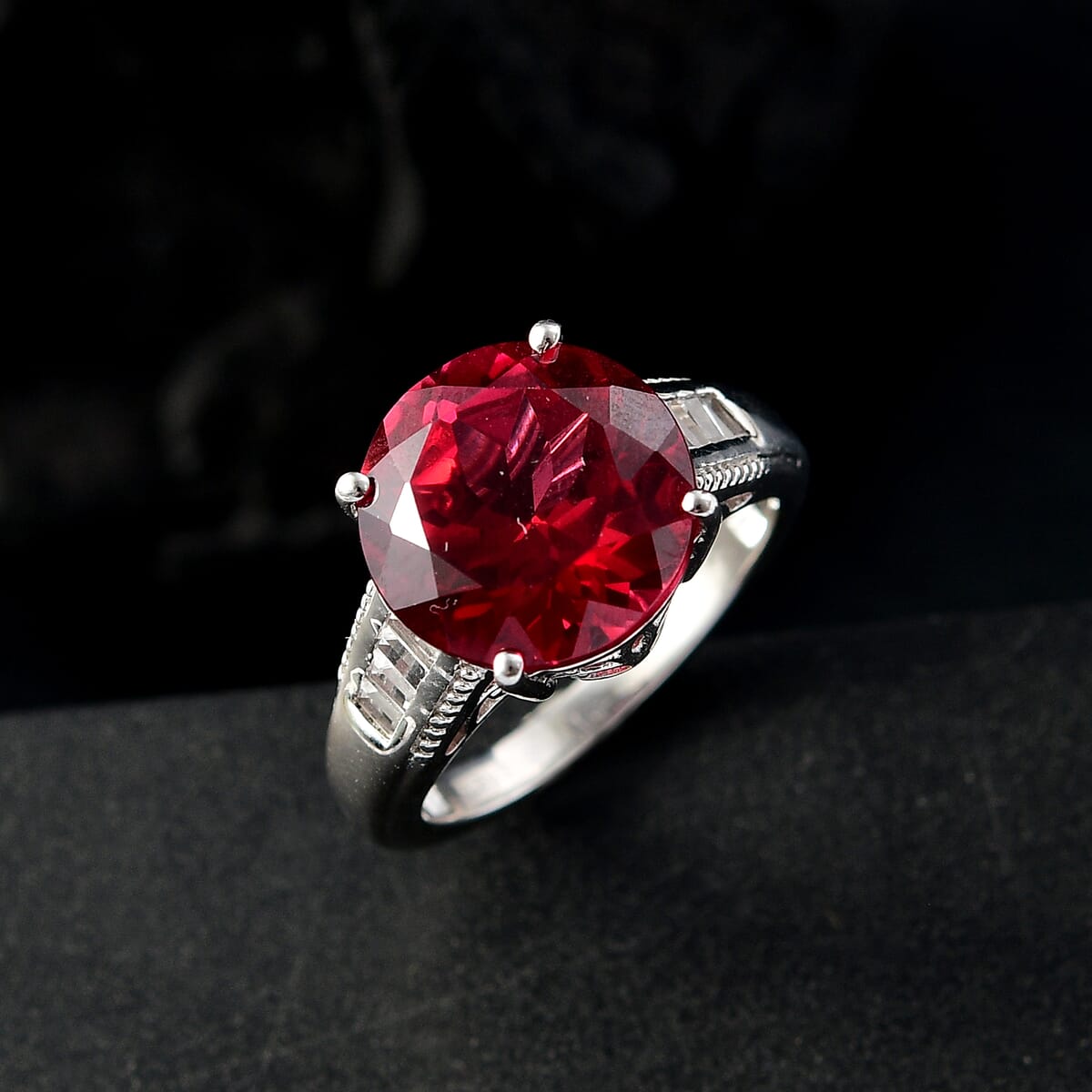 Karis Lab Created Padparadscha Sapphire and Created White Sapphire 9.20 ctw Solitaire Ring in Platinum Bond (Size 10.0) image number 1