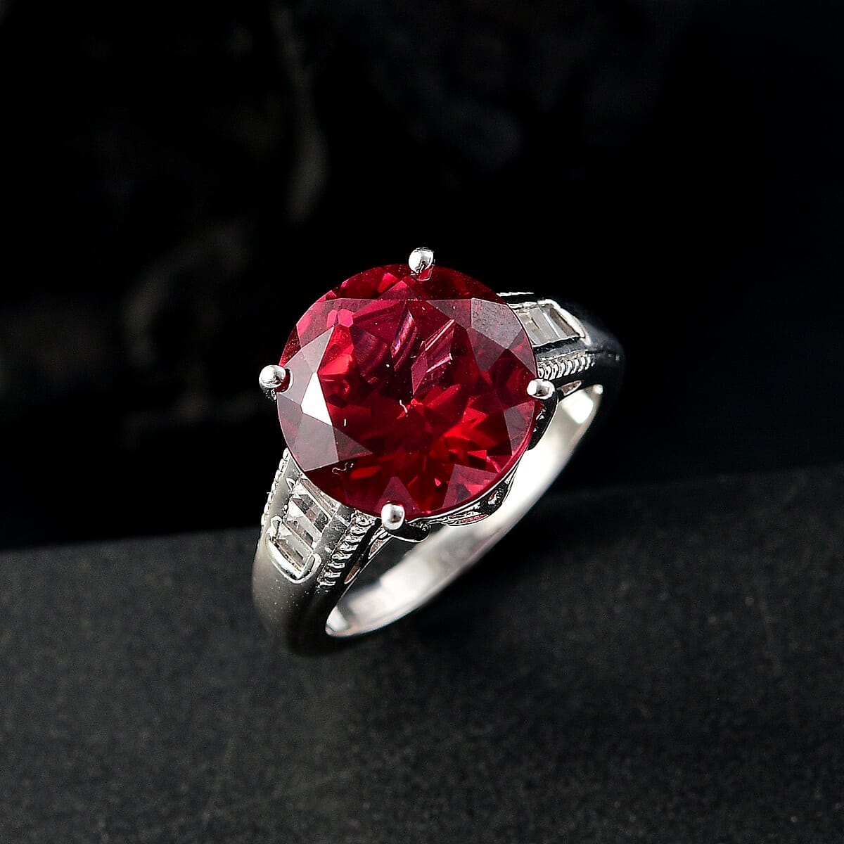Karis Lab Created Padparadscha and White Sapphire 9.20 ctw Art Deco Ring in Platinum Bond (Size 7.0) image number 1
