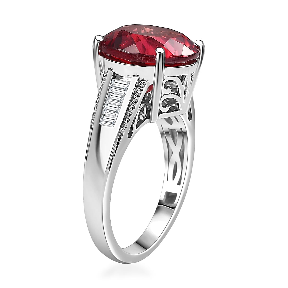 Karis Lab Created Padparadscha and White Sapphire 9.20 ctw Art Deco Ring in Platinum Bond (Size 8.0) image number 3