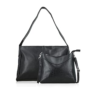 Black Croco Embossed Genuine Leather Tote Bag with Free Crossbody Bag