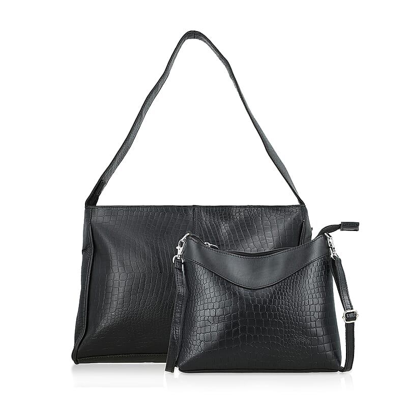 Black Croco Embossed Genuine Leather Tote Bag with Free Crossbody Bag